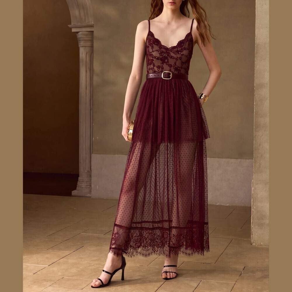 Burgundy Lace Sheer Dot Mesh Spaghetti Strap Belted Maxi Dress